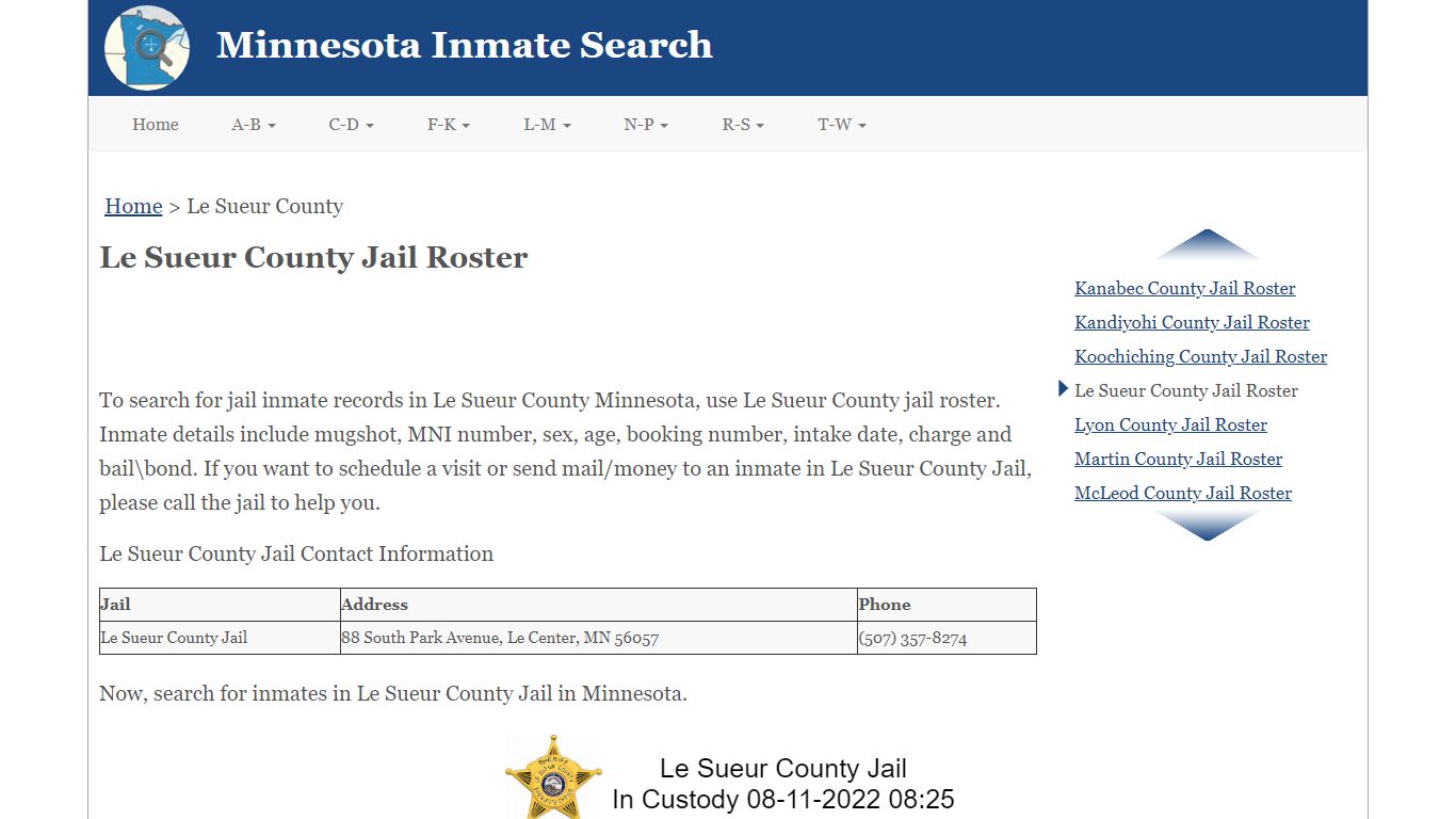 Le Sueur County Jail Roster - Minnesota Inmate Search